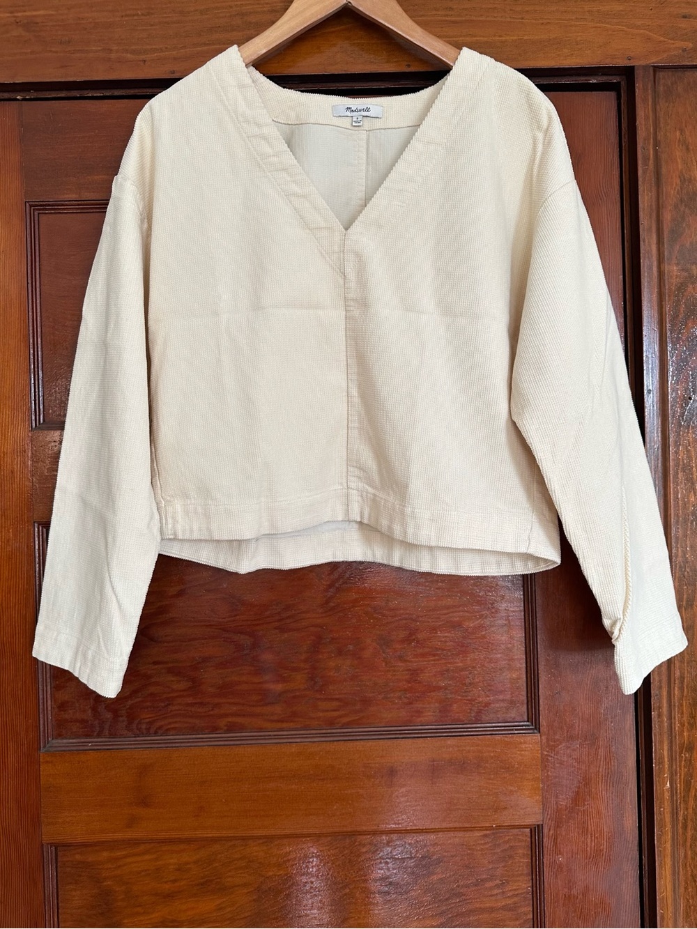 Madewell V-Neck Waffle-Knit Relaxed Thermal Cropped Top Boxy Small Cream Cotton